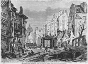 パリ、Rue des Ecolesの建物の解体、サンニコラデュシャルドネ通りからの眺め、シャルルモーランドの彫刻（19世紀）